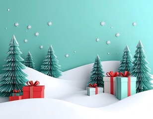 Festive winter scene with green pine trees decorated with snowflakes and wrapped gift boxes on a snowy landscape, creating a cheerful holiday atmosphere