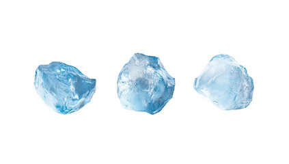 Obraz premium Three distinct pieces of translucent blue ice arranged on a white background. their unique shapes and textures. ideal for use in culinary. beverage. or decorative contexts