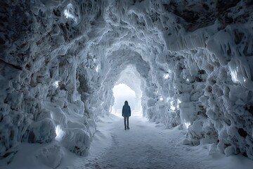 Light shining at the end of a frozen ice cave tunnel, creating a breathtaking natural spectacle.