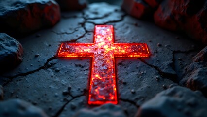Glowing Red Cross on Cracked Stone Surface with Dramatic Lighting