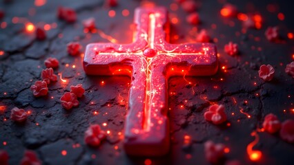 Glowing Red Cross with Sparkling Effects on Dark Textured Surface