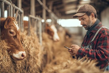 Farmer Using Smartphone While Feeding Cows in Barn Environment