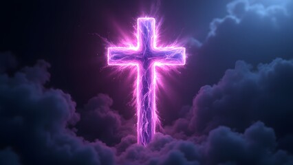 Glowing Purple Cross with Lightning Effects Amidst Dark Clouds