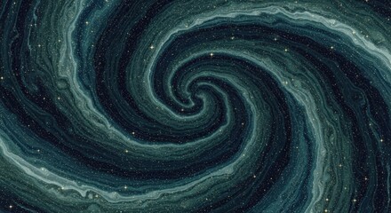 A mesmerizing spiral galaxy with swirling dark green and blue cosmic dust, dotted with tiny white stars.