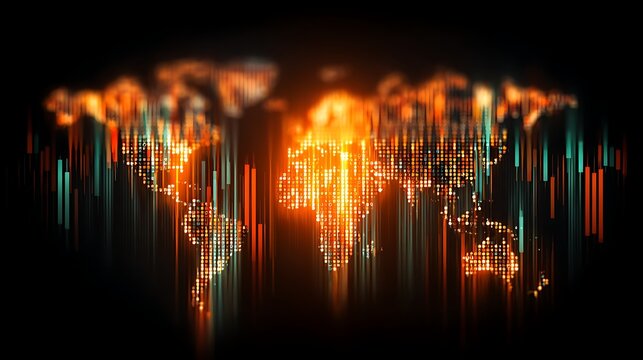 Digital World Map Illustration with Glowing Data Points in Futuristic Style