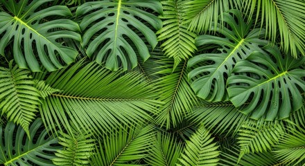A lush, dense canopy of vibrant green tropical leaves, featuring the distinctive fenestrations of Monstera deliciosa and the feathery fronds of various ferns and palms.
