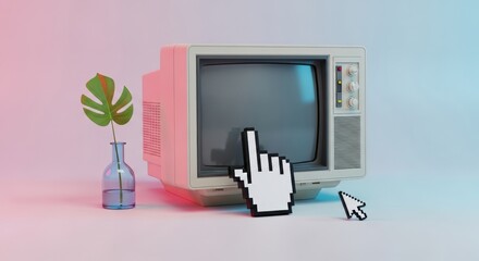 A retro television set with a pixelated cursor hovering over its screen, set against a gradient background.