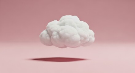 A fluffy white cloud floats in the air against a soft pink background, casting a subtle shadow.