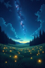 Naklejka premium A tranquil meadow bathed in the glow of fireflies under a vibrant night sky dotted with stars and a luminous Milky Way.