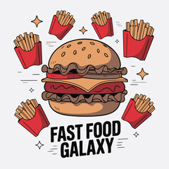 Burger planet and orbiting french fries celebrate fast food galaxy cuisine and cosmic culinary adventure in fun food art vector