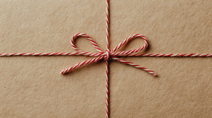 Twine or string tied in a bow for christmas gift on kraft wrapping paper background.