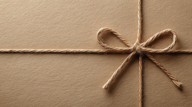 String tied in a bow for birthday or christmas gift on kraft wrapping paper background.