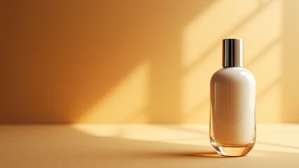 Naklejka premium A cream-colored glass bottle with a gold cap, subtly displayed against a warm, sunlit peach background, evokes a feeling of serene elegance.