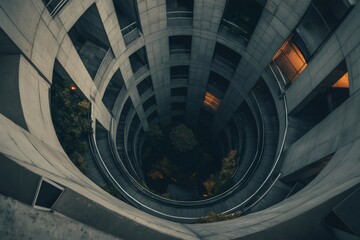 Overhead view of a spiraling concrete tower with glowing lights and trees at the base creating a moody urban atmosphere
