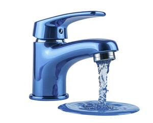 Water flows from blue modern water tap on a white background
