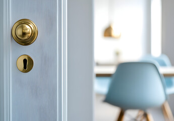 close-up shot of the door to an apartment, showing its sleek white frame and brass doorknob, with light blue chairs in soft focus through it.