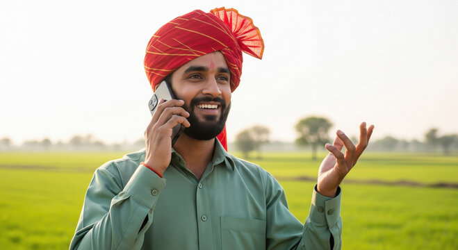 Happy Indian Farmer Talking on Smartphone in Green Field