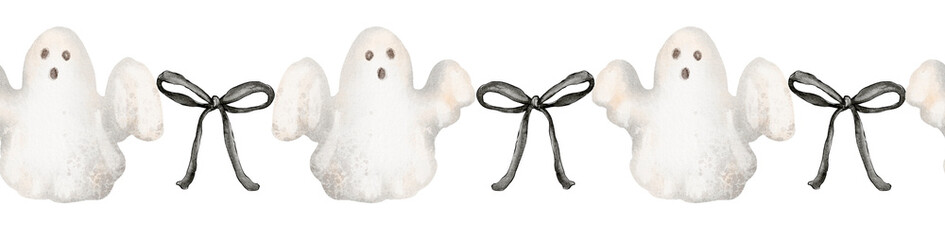 Seamless border ghost with black bow. Watercolor hand drawn pattern. Halloween decoration for greeting cards, banners, invitations, party.