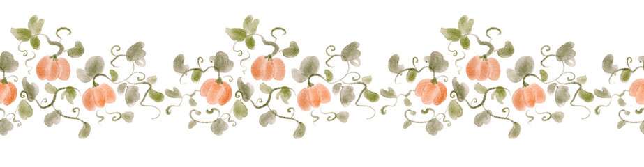 Horizontal seamless border with pumpkins. Watercolor hand drawn pattern for cards, invitations, posters, packaging and wallpapers. Autumn harvest food illustration.
