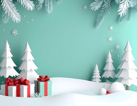 Festive winter holiday scene with decorated gift boxes red bows snow covered trees and snowflakes on mint green background perfect for Christmas celebrations and seasonal greetings