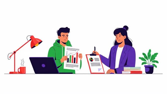 Flat vector of business meeting with graph on paper isolated on white background woman explaining data to man at office business