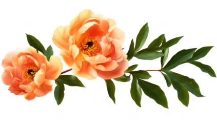 A arrangement of blooming peach peonies with lush green leaves. set against a clean white background. ideal for floral design projects or nature-themed decor