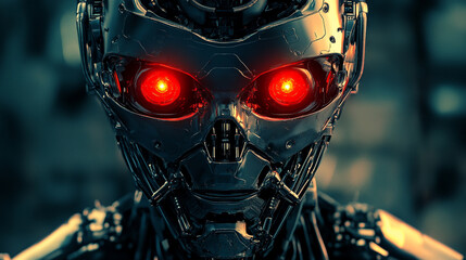 Fototapeta premium Crimson Sentience: Close-Up of a Threatening AI