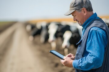 Farmer Using Tablet for Livestock Management in Cattle Farm Field