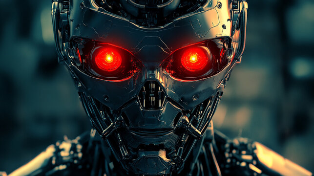 Crimson Sentience: Close-Up of a Threatening AI