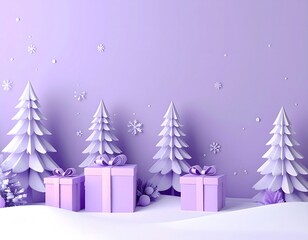 Festive winter scene with purple gift boxes, paper pine trees, snowflakes, and a soft purple background creating a cheerful holiday atmosphere