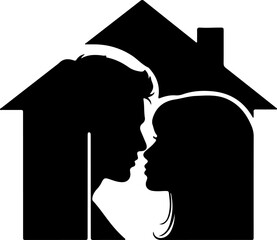 Silhouette of couple in house on white background
