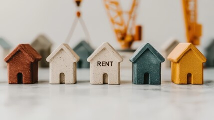 Colorful Miniature Houses with Rent Sign and Construction Background