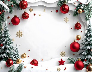 Festive Christmas frame with lush pine branches red and gold ornaments gold stars and snowflakes on snowy white background for holiday decoration