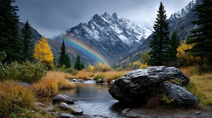 A breathtaking autumn vista in Alaska, featuring the Glenn Highway meandering through the golden Matanuska Valley. A brilliant rainbow contrasts against the stormy sky.
