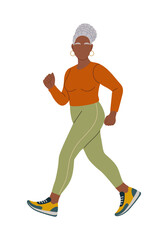 Senior Black woman running side view, curvy build, wearing burnt orange and olive green autumn track outfit, long sleeves and leggings, flat vector illustration isolated on transparent background
