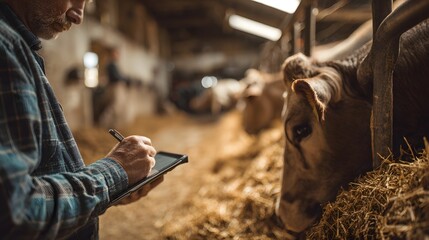 Farmer Using Tablet in Barn with Cows and Hay Bales Around