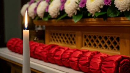 Candle and flower arrangement for solemn occasion