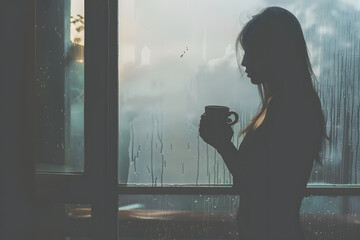 Solitude Moment: A serene silhouette of a woman gazing through a rain-streaked window, clutching a warm cup of tea, evokes introspection.
