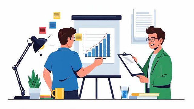Flat vector of two business people working on a presentation with charts and graphs isolated on white background business