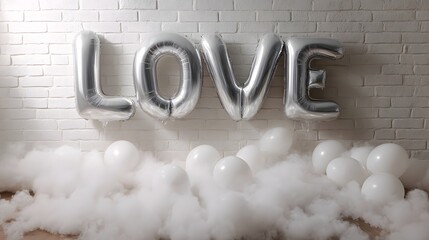 Silver balloons spelling LOVE float in front of a white brick wall surrounded by white balloons and fluffy clouds