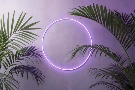 Purple neon oval light frame surrounded by tropical palm leaves - Powered by Adobe