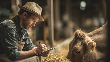 Farmer Writing Notes on Tablet While Sitting Near Cow in Barn