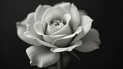 A close-up grayscale image showcases the intricate details of a single white rose, highlighting its delicate petals and smooth texture against a dark backdrop.