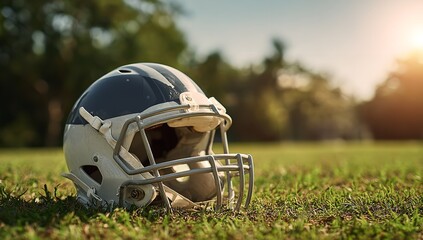 Iconic American football helmet rests on lush green grass under warm golden sunlight, evoking nostalgia and the spirit of sport