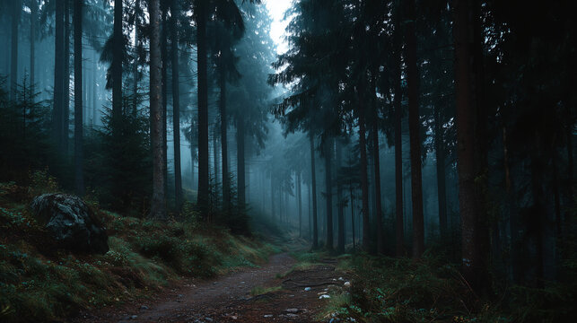 Black forest with lot of big tree, dark mood.