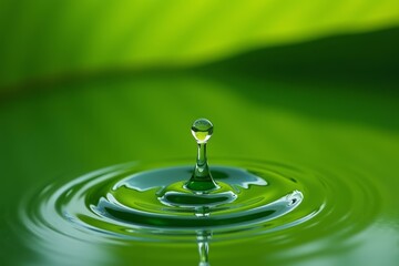 A vibrant green leaf adorned with a mesmerizing ripple effect from a single water droplet.