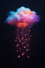 A vibrant cloud formation, illuminated by luminous, hanging orbs, against a dark backdrop.