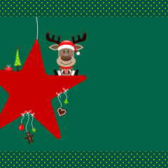 Sitzendes Rentier Auf Stern Icons Weihnachten Bordüre Punkte Dunkelgrün