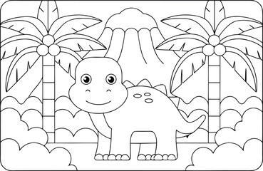 A friendly dinosaur stands in a tropical landscape with palm trees and a volcano