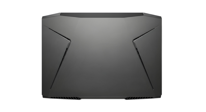 Top view of a closed high-performance gaming laptop with a modern design, presented as a plain object on an isolated white background
